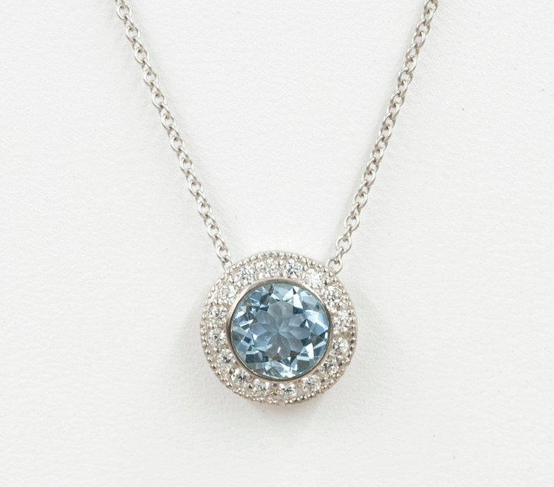 14K 1.3CT AQUAMARINE DIAMOND HALO NECKLACE