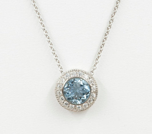 14K 1.3CT AQUAMARINE DIAMOND HALO NECKLACE