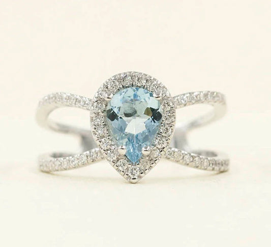 14K PEAR AQUAMARINE DIAMOND HALO DOUBLE BAND RING