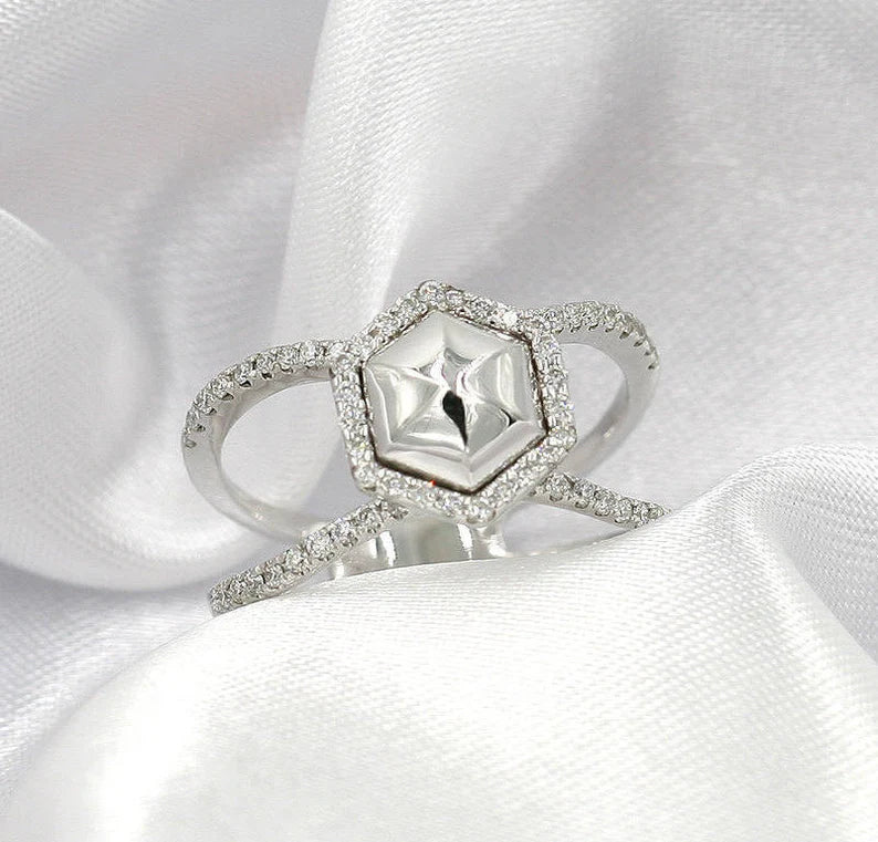 14K SOLID HEXAGON DIAMOND HALO DOUBLE BAND RING