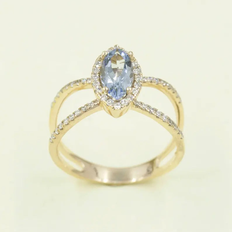 14K MARQUISE AQUAMARINE DIAMOND HALO DOUBLE BAND RING