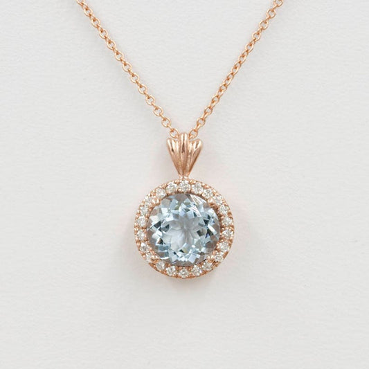 14K 2.3CT AQUAMARINE DIAMOND HALO NECKLACE