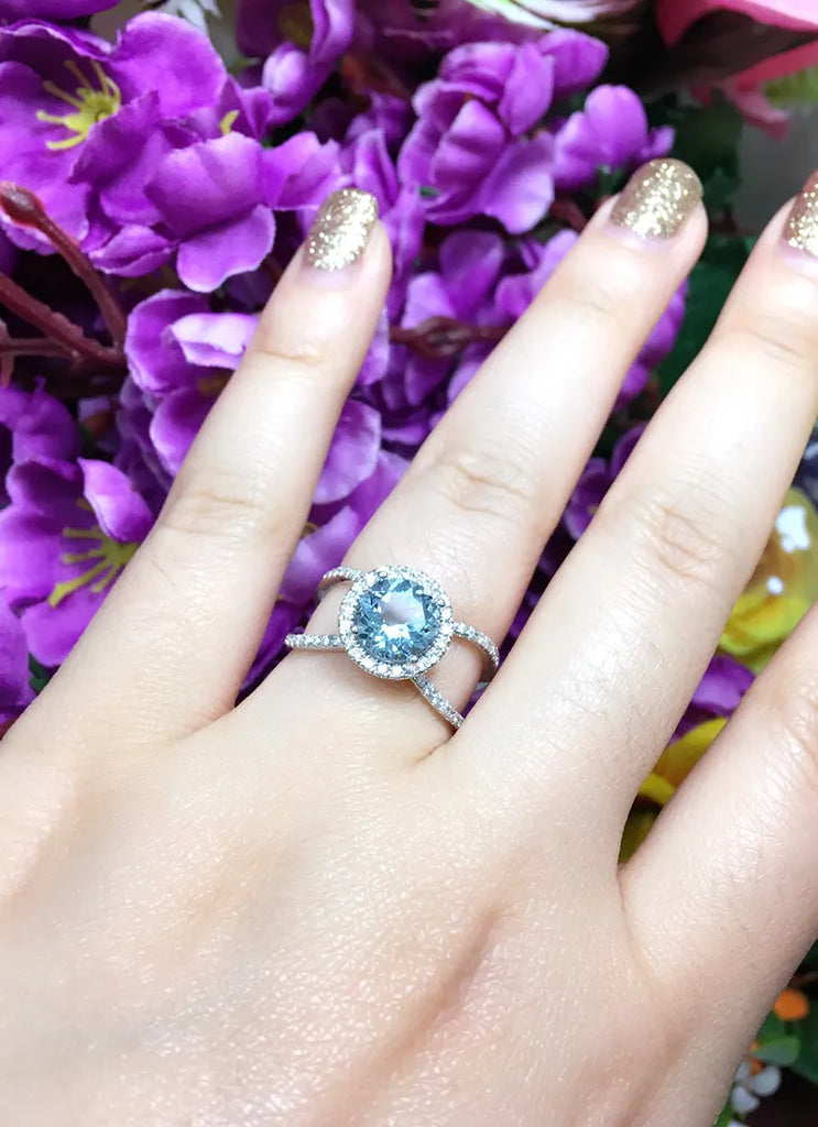 14K AQUAMARINE DIAMOND HALO DOUBLE BAND RING