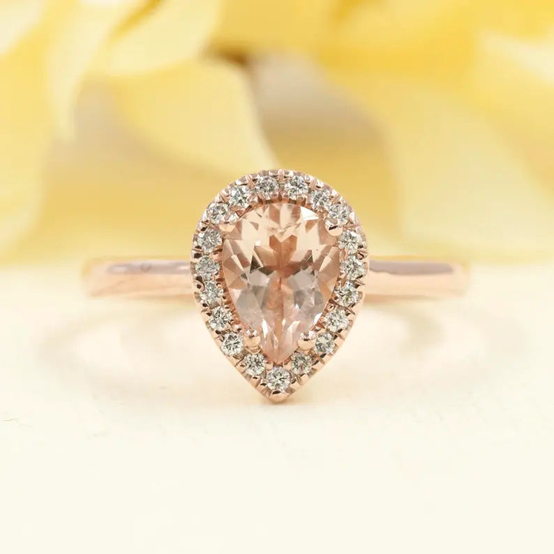 14K PEAR MORGANITE DIAMOND HALO SOLITAIRE RING