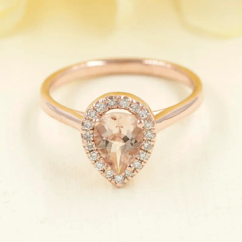 14K PEAR MORGANITE DIAMOND HALO SOLITAIRE RING