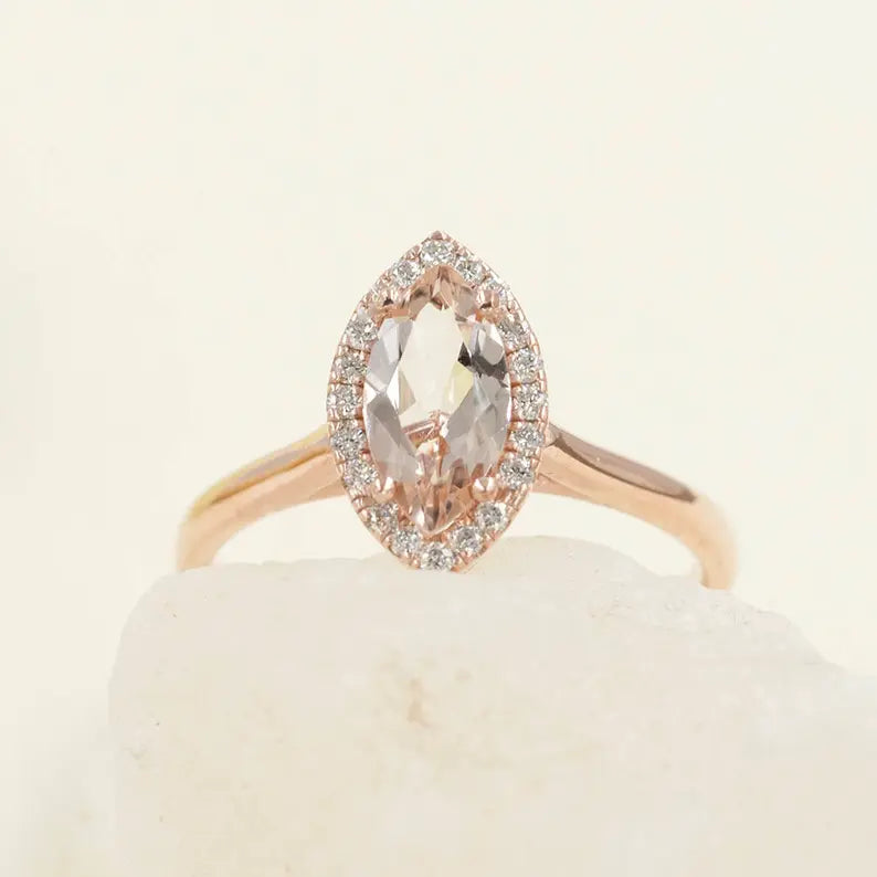 14K MARQUISE MORGANITE DIAMOND HALO SOLITAIRE RING