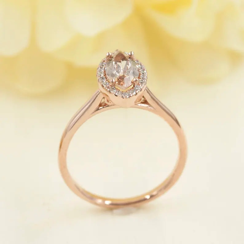 14K MARQUISE MORGANITE DIAMOND HALO SOLITAIRE RING