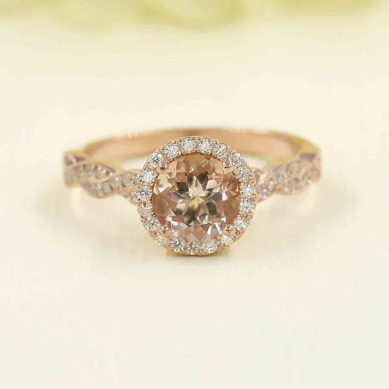 14K MORGANITE DIAMOND HALO TWIST RING