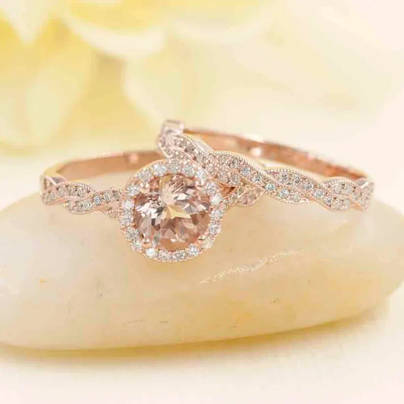 14K MORGANITE DIAMOND HALO TWIST RING