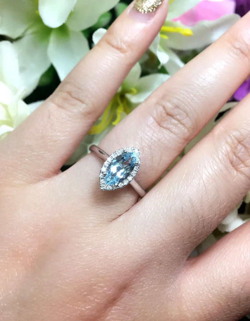 14K MARQUISE AQUAMARINE DIAMOND HALO SOLITAIRE RING