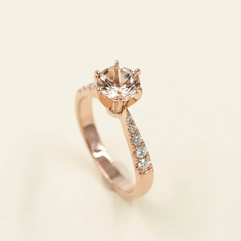 14K MORGANITE DIAMOND SOLITAIRE RING