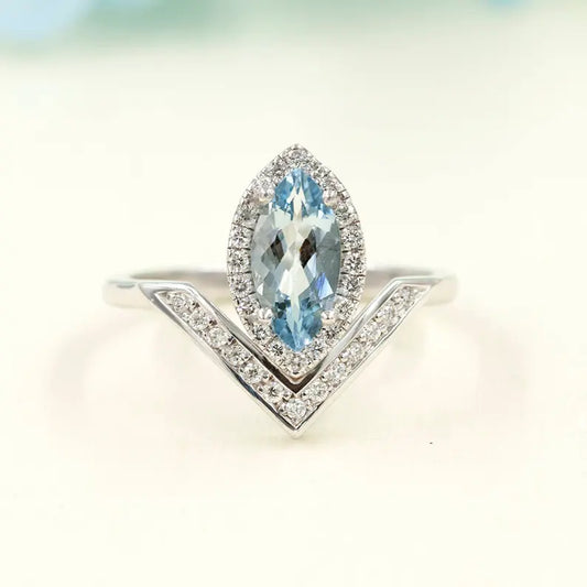 14K MARQUISE AQUAMARINE DIAMOND HALO V RING