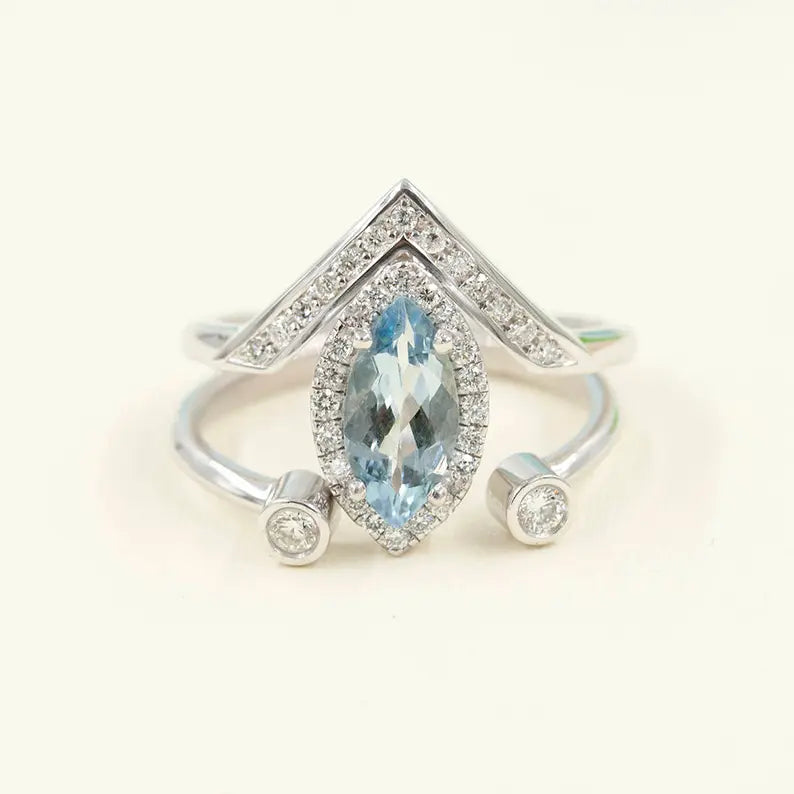 14K MARQUISE AQUAMARINE DIAMOND BEZEL RING V BAND 2 RING SET