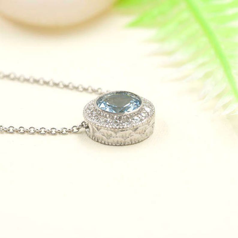 14K 1.3CT AQUAMARINE DIAMOND HALO NECKLACE