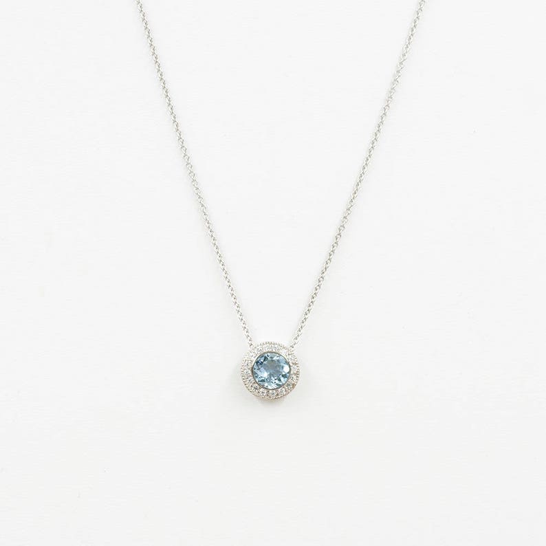 14K 1.3CT AQUAMARINE DIAMOND HALO NECKLACE