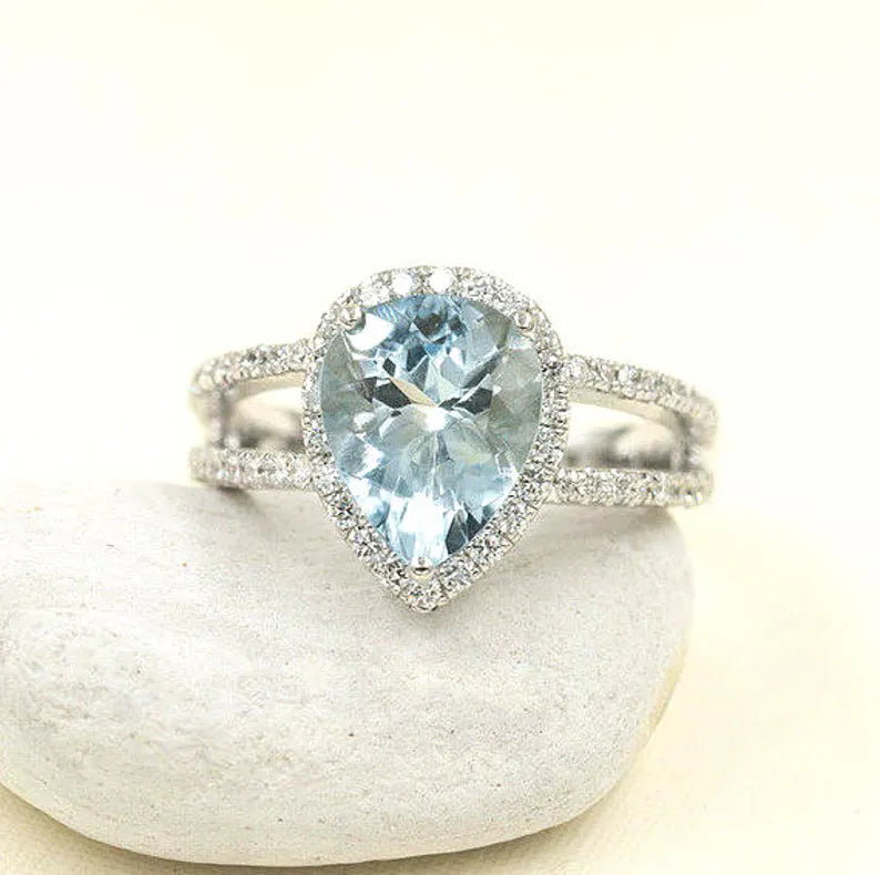 14K PEAR AQUAMARINE DIAMOND HALO RING