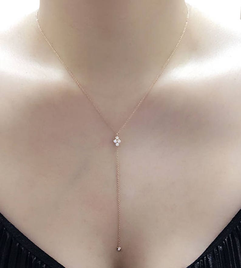 14K 4 DIAMOND BEZEL CLUSTER LARIAT NECKLACE