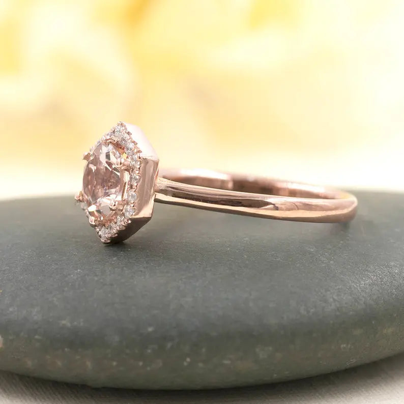 14K MORGANITE DIAMOND HALO HEXAGON SOLITAIRE RING