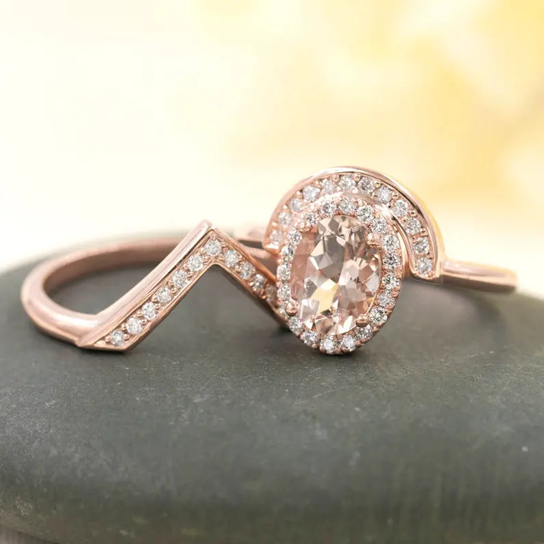 14K OVAL MORGANITE DIAMOND HALO RING V BAND 2 RING SET