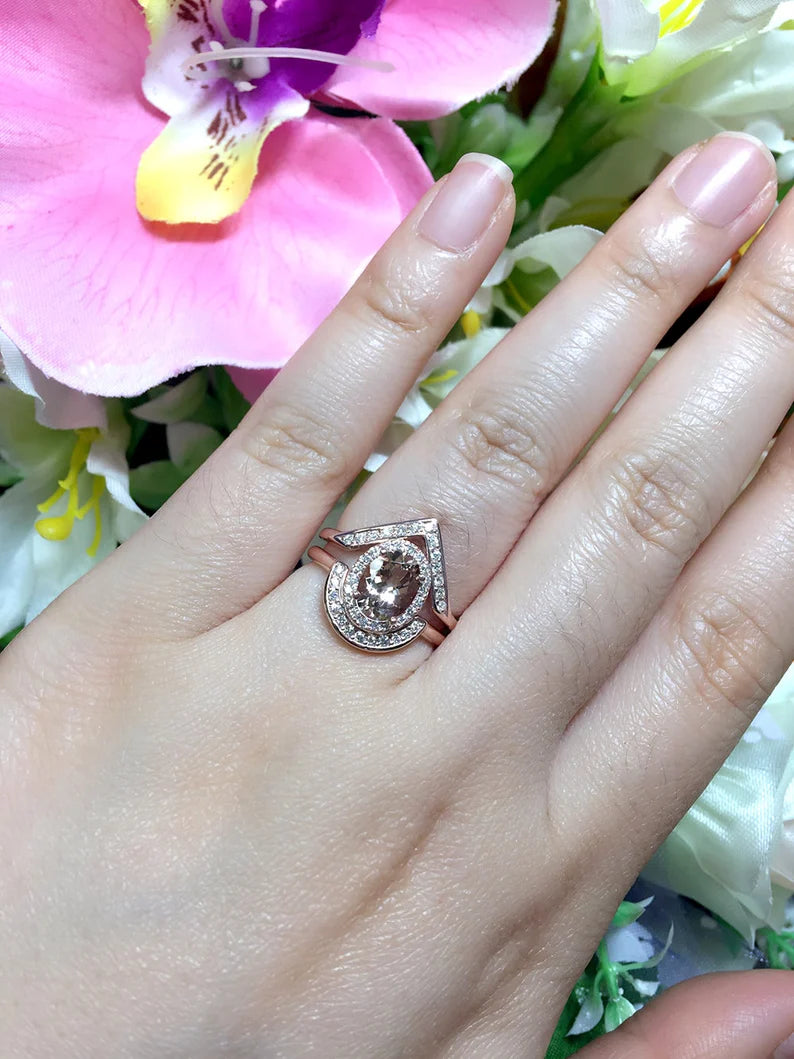 14K OVAL MORGANITE DIAMOND HALO RING V BAND 2 RING SET