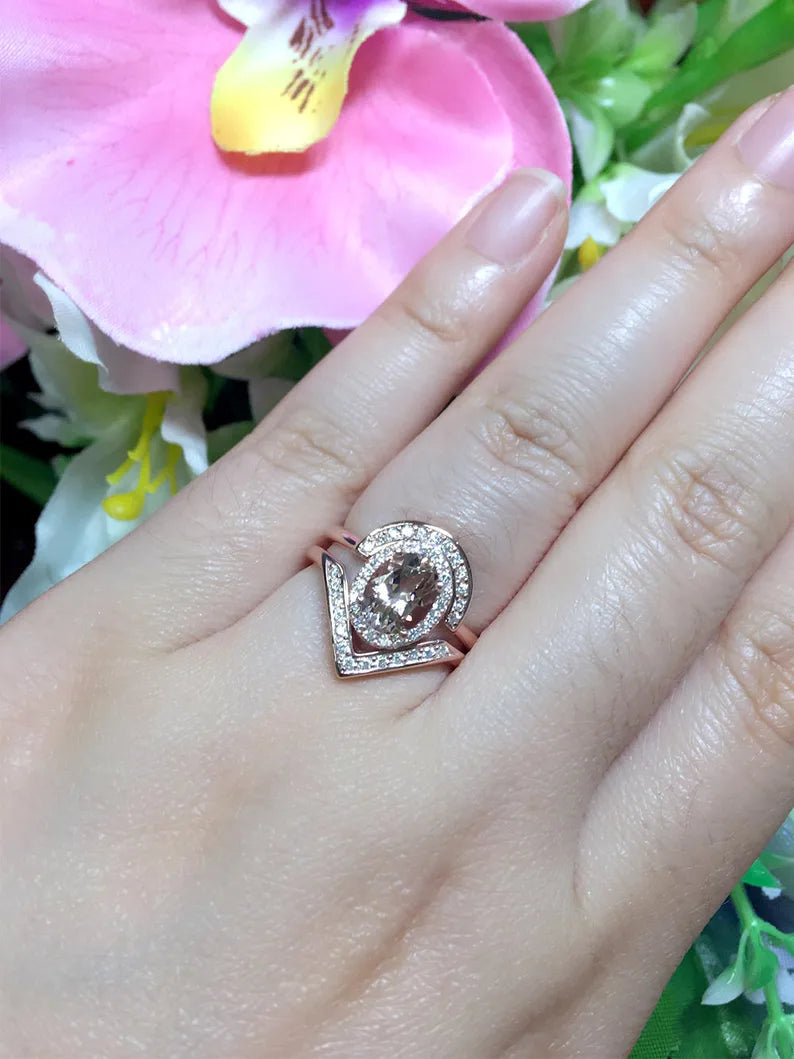 14K OVAL MORGANITE DIAMOND HALO RING V BAND 2 RING SET