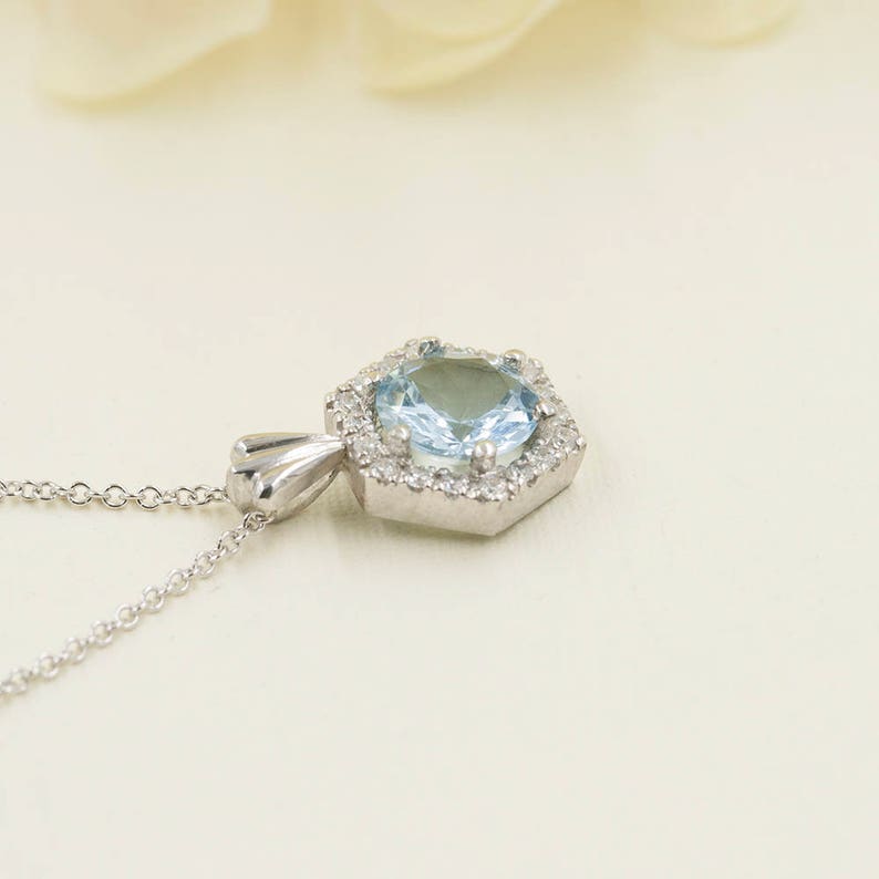 14K AQUAMARINE DIAMOND HALO HEXAGON NECKLACE