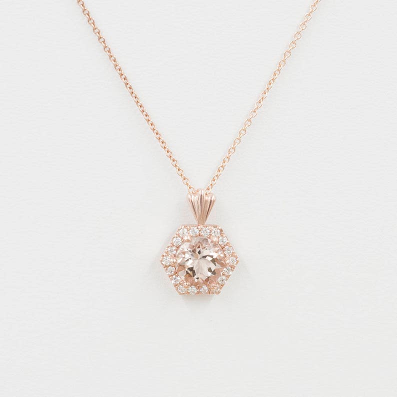 14K MORGANITE DIAMOND HALO HEXAGON NECKLACE