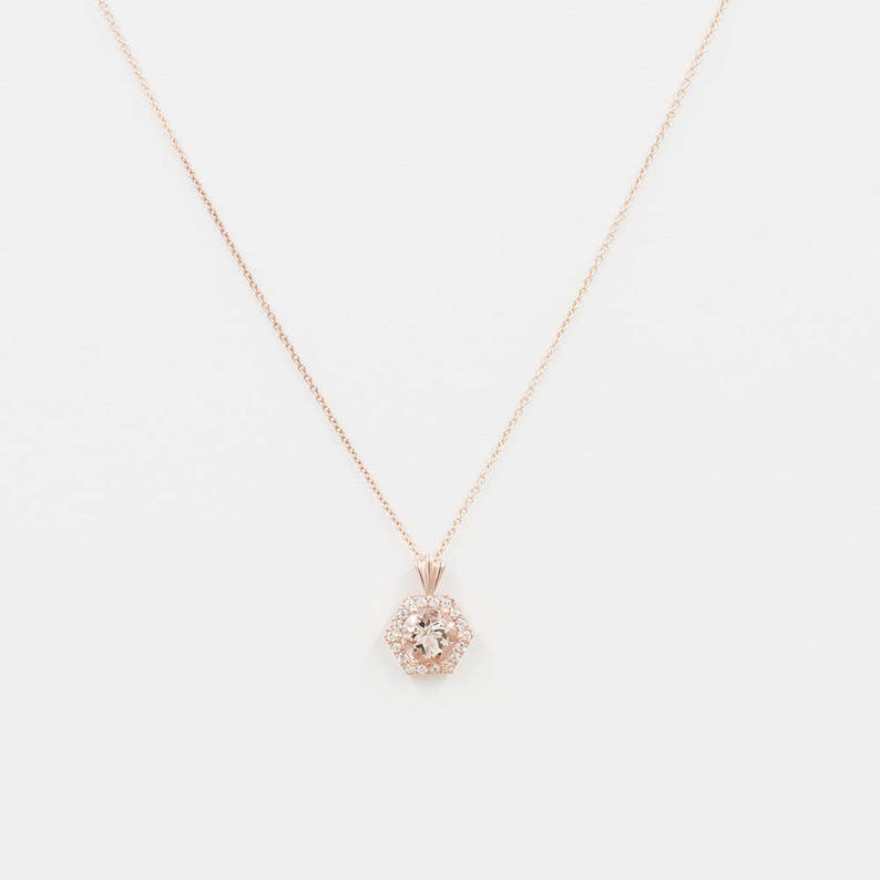 14K MORGANITE DIAMOND HALO HEXAGON NECKLACE