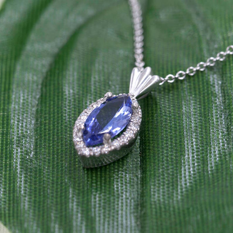 14K MARQUISE TANZANITE DIAMOND HALO NECKLACE