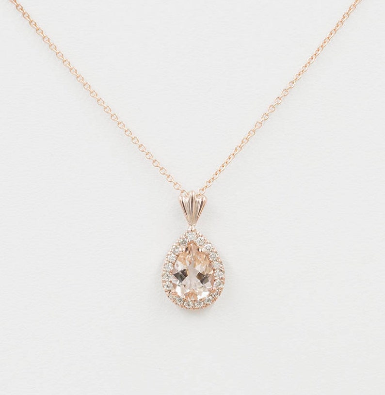 14K PEAR MORGANITE DIAMOND HALO NECKLACE