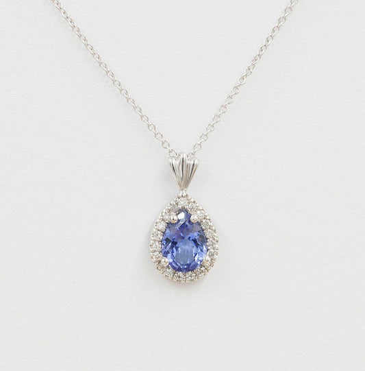 14K PEAR TANZANITE DIAMOND HALO NECKLACE