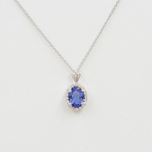 14K OVAL TANZANITE DIAMOND HALO NECKLACE