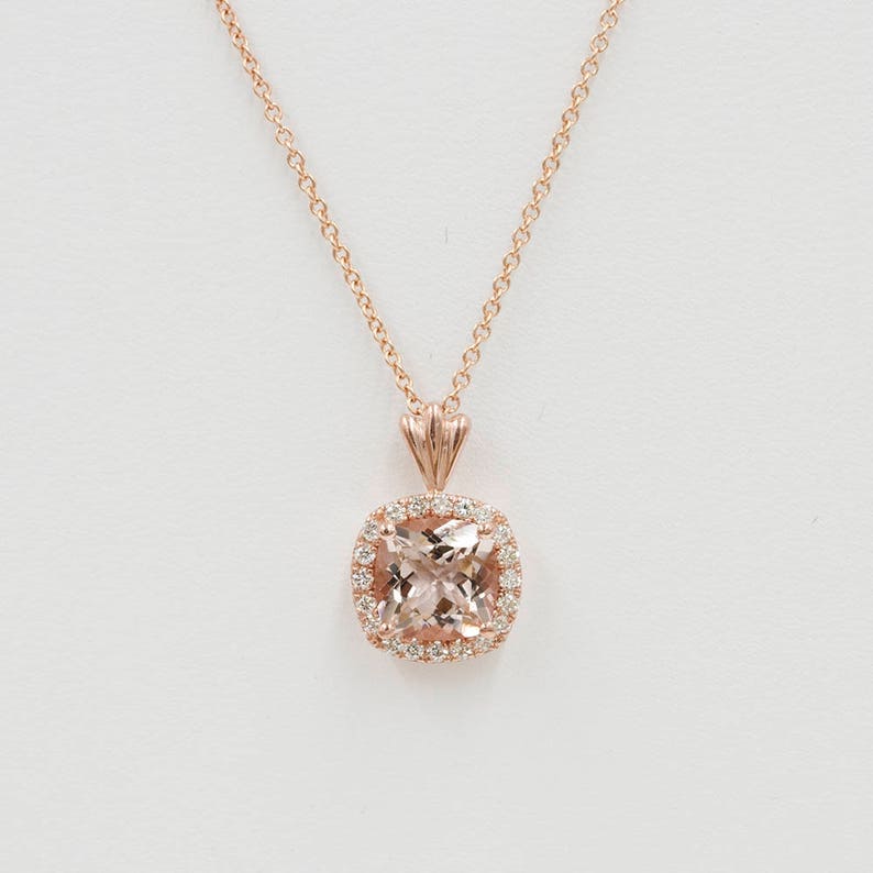 14K CUSHION SQUARE MORGANITE DIAMOND HALO NECKLACE