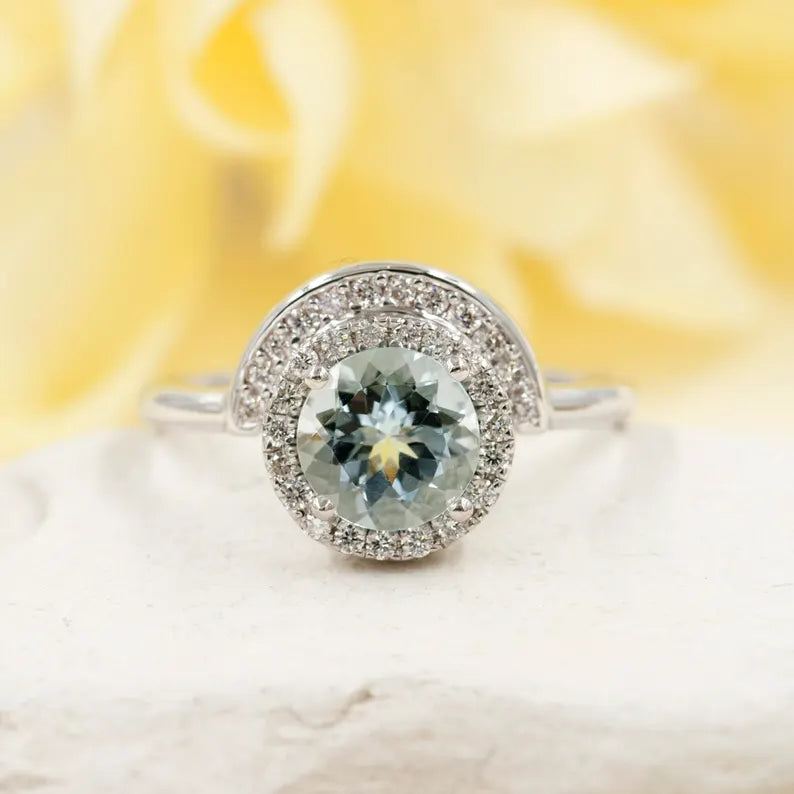 14K AQUAMARINE DIAMOND HALO MOON RING