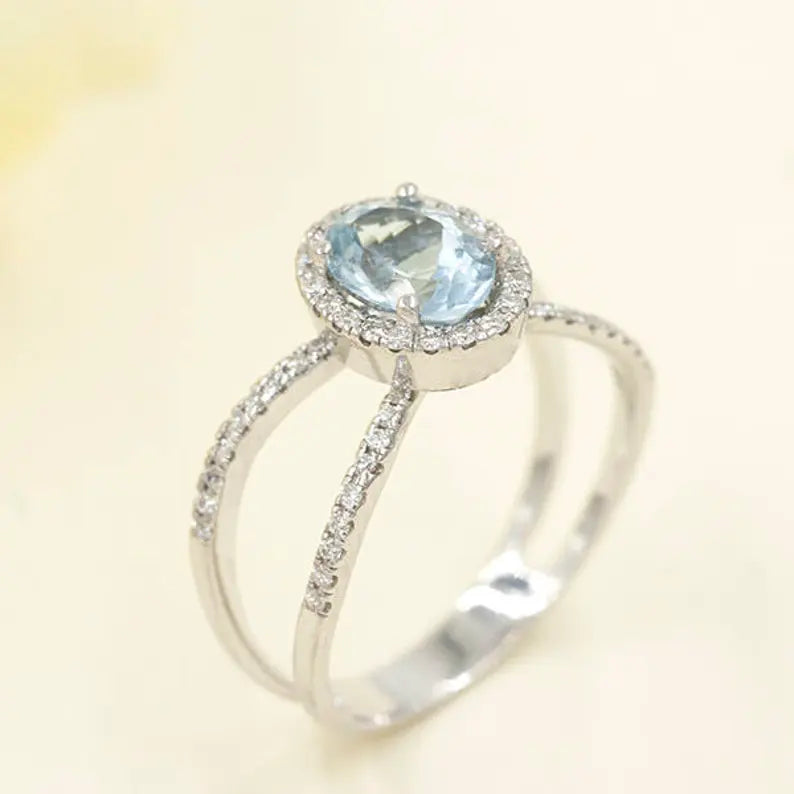 14K OVAL AQUAMARINE DIAMOND HALO DOUBLE BAND RING