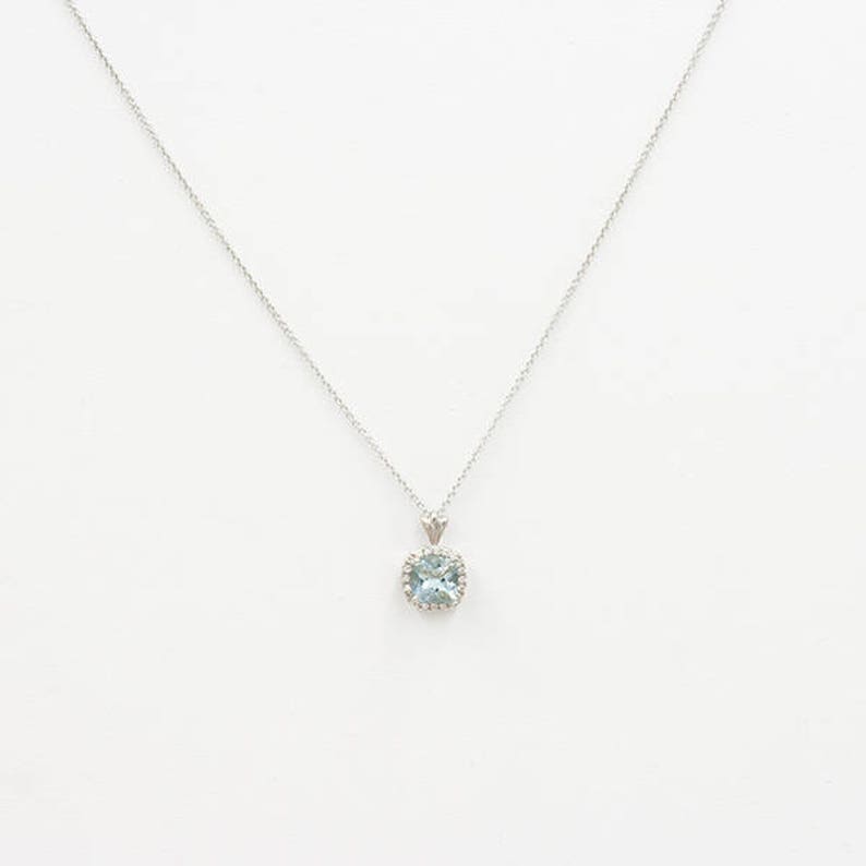 14K CUSHION SQUARE AQUAMARINE DIAMOND HALO NECKLACE