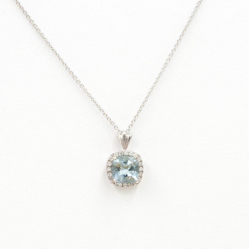 14K CUSHION SQUARE AQUAMARINE DIAMOND HALO NECKLACE