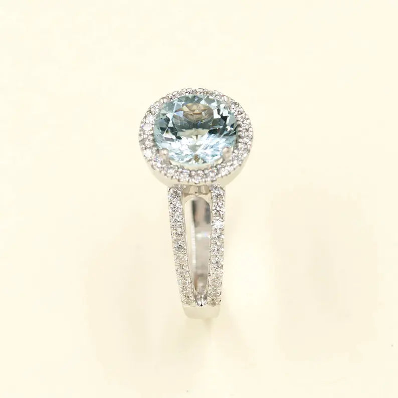 14K AQUAMARINE DIAMOND HALO RING