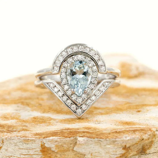 14K PEAR AQUAMARINE DIAMOND HALO V RING CROWN U BAND 2 RING SET