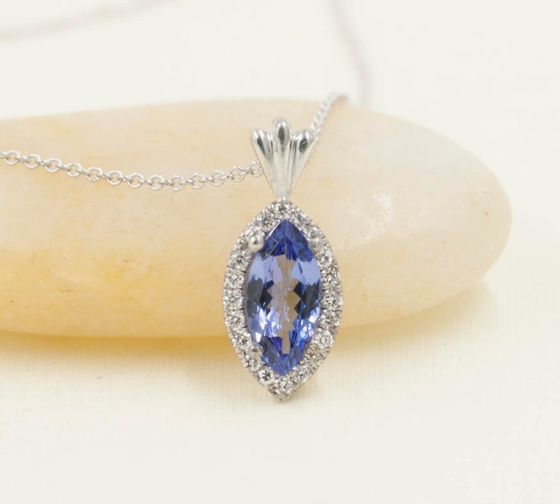 14K MARQUISE TANZANITE DIAMOND HALO NECKLACE