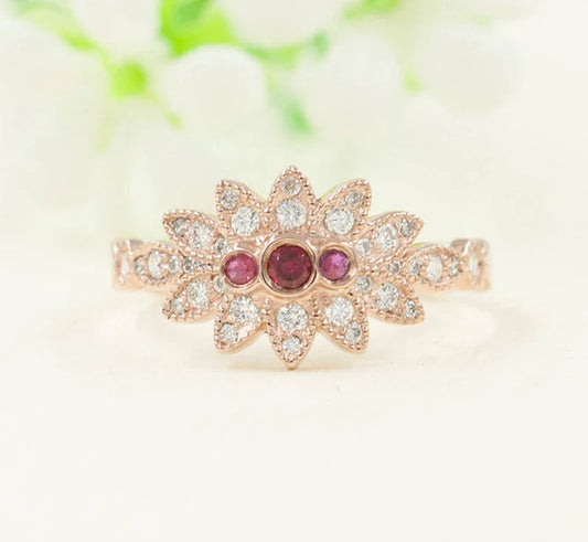 14K RUBY DIAMOND FLOWER ART DECO RING