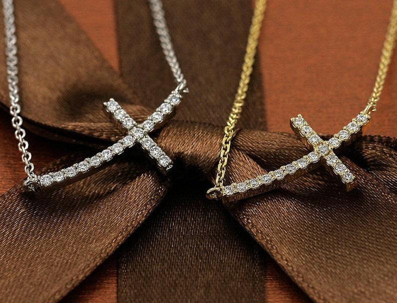 14K 0.17CT DIAMOND SIDEWAYS CROSS NECKLACE