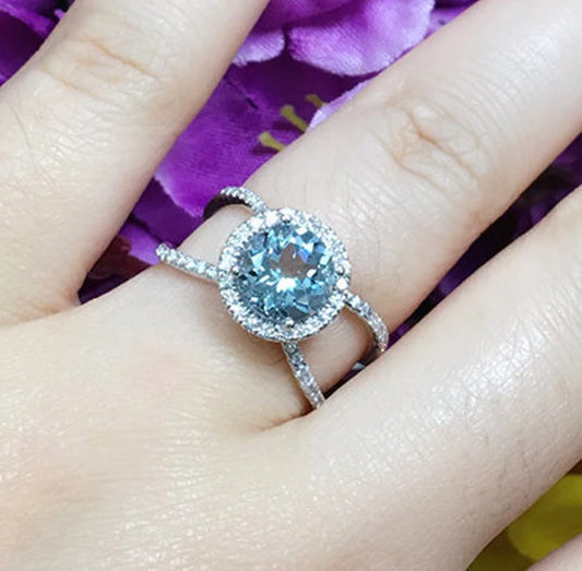 14K AQUAMARINE DIAMOND HALO DOUBLE BAND RING