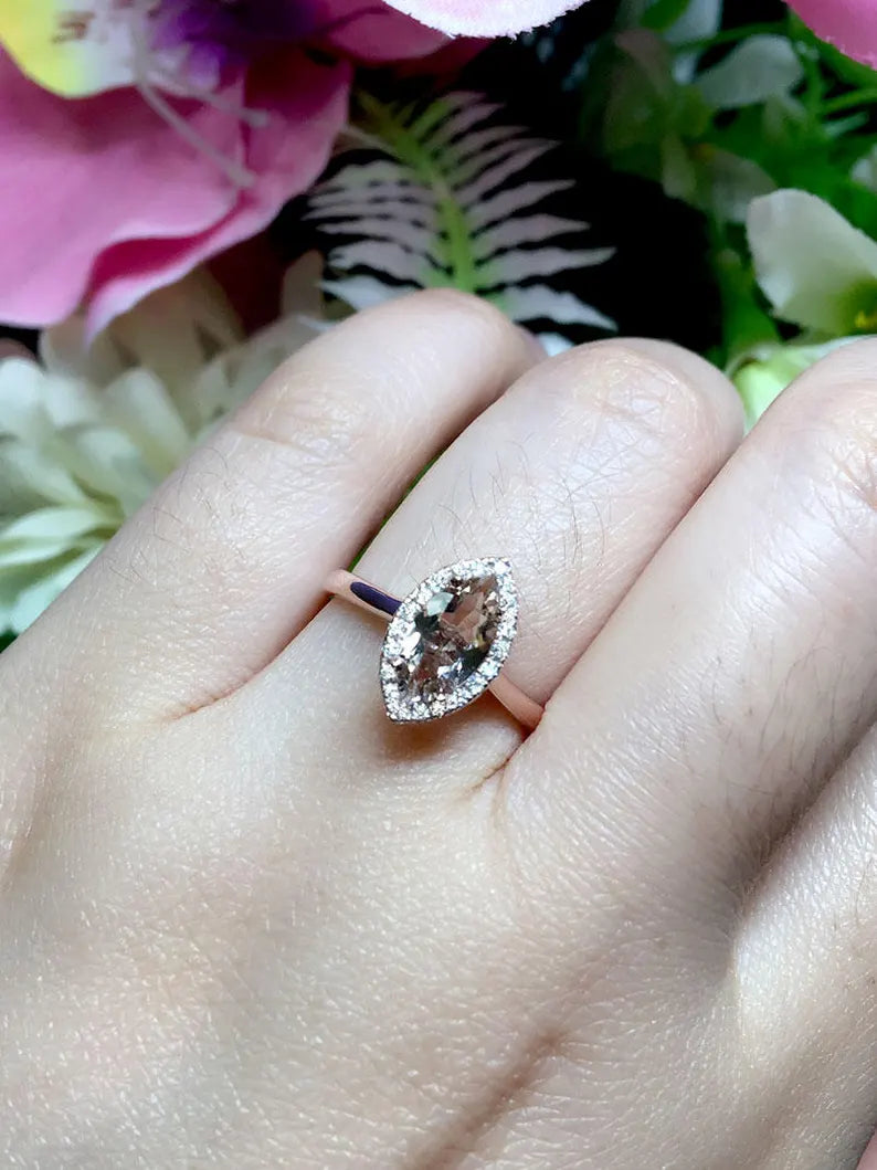 14K MARQUISE MORGANITE DIAMOND HALO SOLITAIRE RING