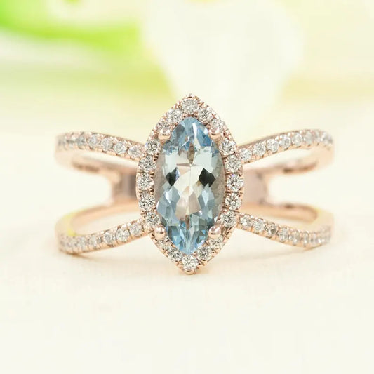 14K MARQUISE AQUAMARINE DIAMOND HALO DOUBLE BAND RING