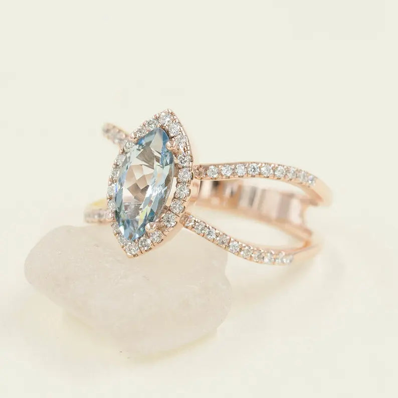 14K MARQUISE AQUAMARINE DIAMOND HALO DOUBLE BAND RING