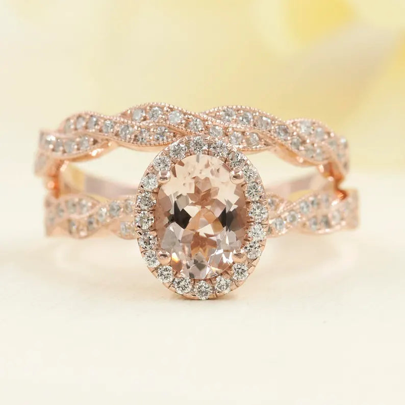 14K OVAL MORGANITE DIAMOND HALO RING TWIST BAND 2 RING SET