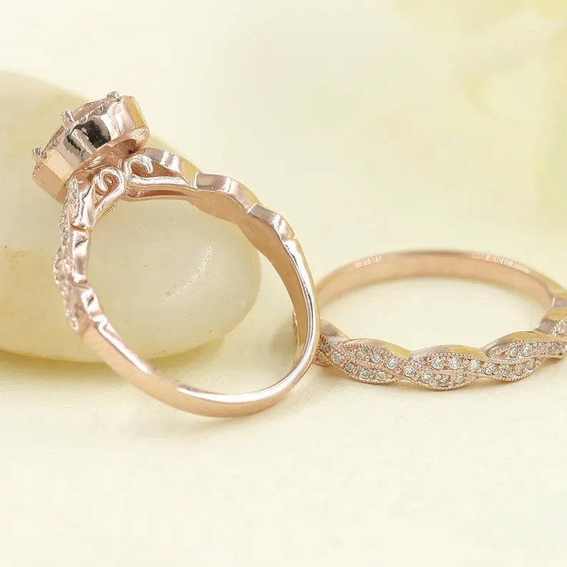 14K OVAL MORGANITE DIAMOND HALO RING TWIST BAND 2 RING SET