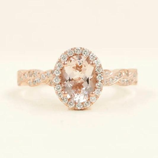 14K OVAL MORGANITE DIAMOND HALO TWIST RING