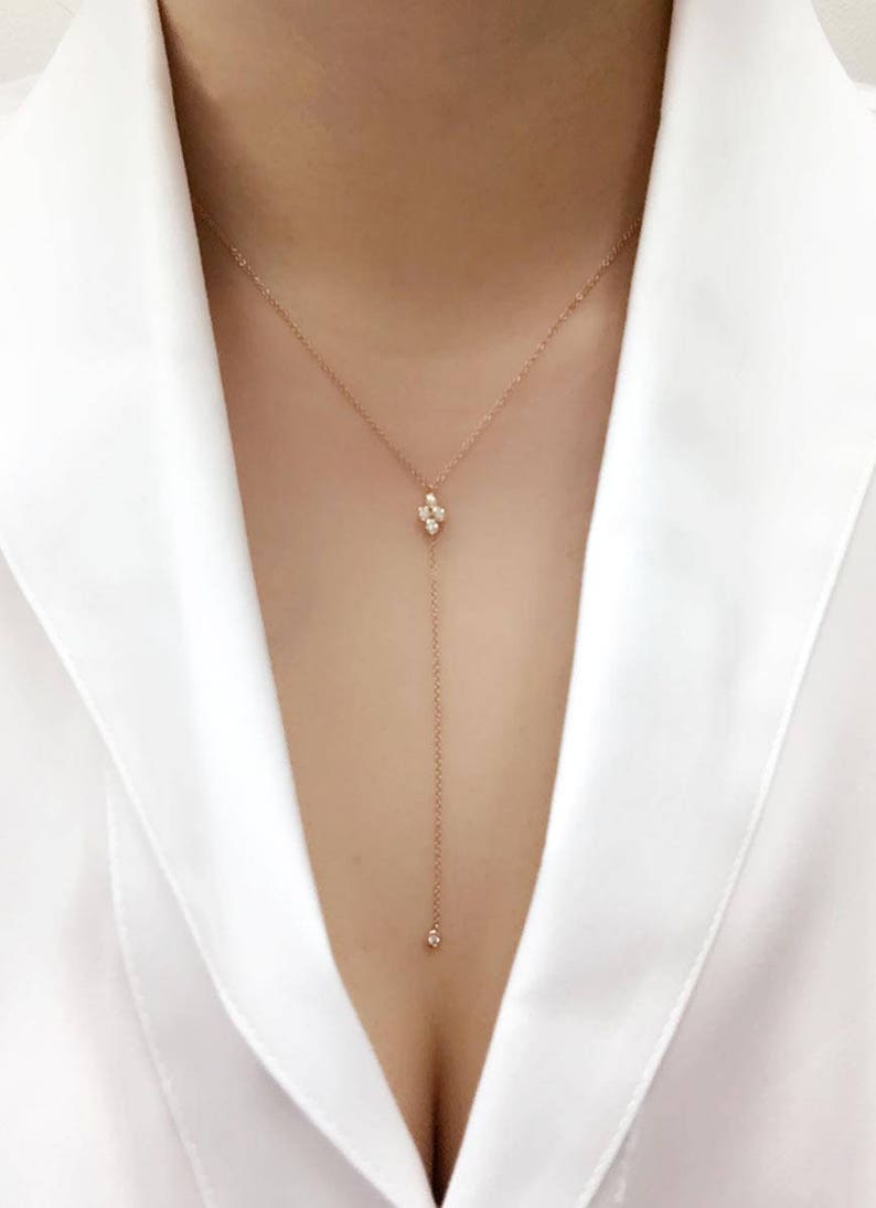 14K 4 DIAMOND BEZEL CLUSTER LARIAT NECKLACE